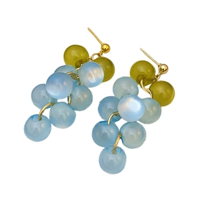 Detail of grape cluster earrings with light blue and olive green cat eye stone beads