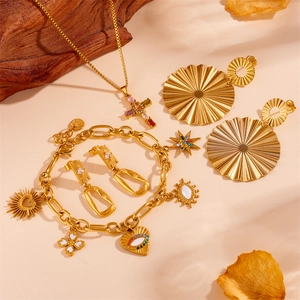 Fashion Gold Plated Stainless Steel Jewelry Set Multicolored Rhinestone Cross Necklace Evil Eye Bracelet Fan Earrings For Women