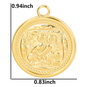 Polished 18k gold stainless steel owl pendant dimensions showing 0.94 by 0.83 inches