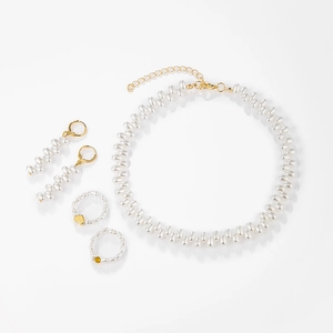 Irregular small pearl jewelry set including necklace, earrings and rings in gold finish
