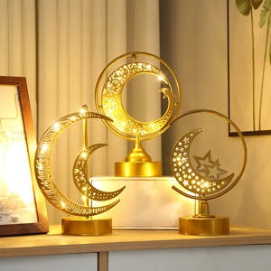 Golden iron moon LED lamps with star and floral hollow designs for festive room decor