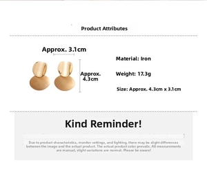 Detail view of gold geometric earrings showing iron material specifications and dimensions