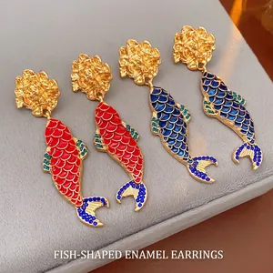 Koi Fish Dangle Earrings Enamel Alloy Rhinestone Vintage Chinese Style For Women With 925 Sterling Silver Earring Post