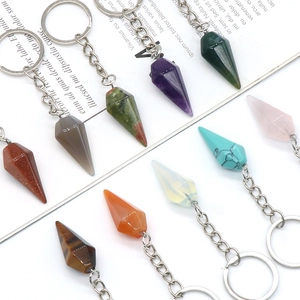Conical natural crystal stone keychain assortment with silver rings in multiple colors
