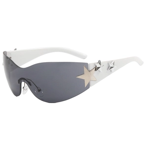 Y2K star sunglasses with grey lenses and white frames featuring silver metal accents