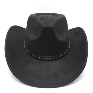 Close-up of black suede cowboy hat with metallic studded band and wide brim detail