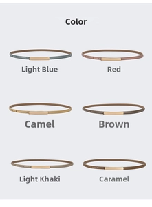 Detailed view of six colors for thin leather waist belts with gold rectangular buckles