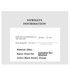 Detailed size information table for women's wide brim straw sun hat with measurements
