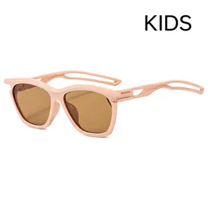 Fashionable square kids sports sunglasses with beige frames and tinted lenses in a 45-degree view