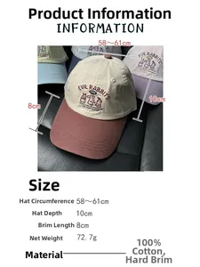 Detailed size specifications and material chart for the cute rabbit embroidery baseball cap