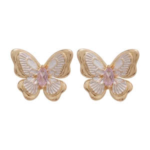 18k gold plated butterfly stud earrings with pink gemstones and white enamel detail
