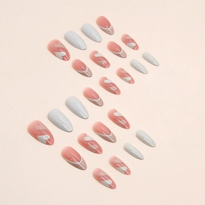 Sweet apricot French almond press-on nails with heart patterns and 24-piece full set