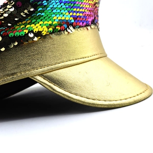 Luxury rainbow sequin captain hat with shiny gold metallic brim for festive parties