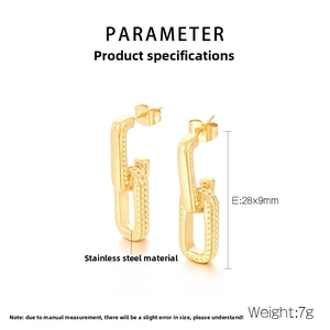 Detail view of 28x9mm golden stainless steel C-shaped earrings with woven texture