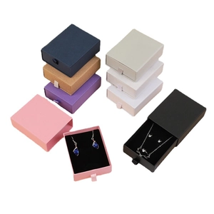 Pull-out drawer jewelry gift boxes in multiple colors with ribbon handles and foam inserts