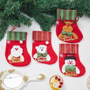 Mini Christmas Stocking Hanging Ornaments 3D Cartoon Santa Snowman Reindeer Bear Polyester Fabric Merry Christmas Gold Lettering Festive Home Decor