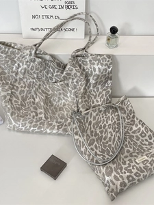 Leopard Print Metallic Silver Tote Bag Women Large Capacity Shoulder Bag Casual Commuter Handbag With Outer Pocket