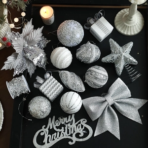 Christmas Tree Ornaments Silver White Glitter Foam Plastic Balls Star Tree Topper Bows Merry Christmas Sign Decorations