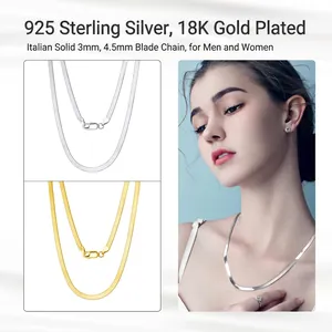 Solid S925 sterling silver 18K gold plated 4.5mm flat snake bone chain for men and women