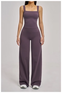 Front view of high waist wide leg yoga pants set in soft purple stretch fabric