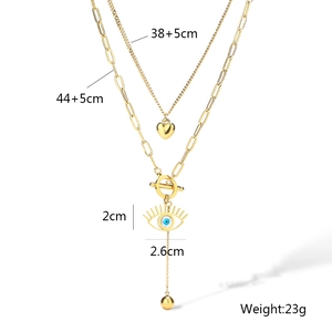 Detailed size specifications for a layered golden Evil Eye and heart pendant necklace
