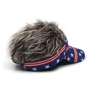 Detail of USA flag visor with synthetic hair, showing star patterns and fluffy texture