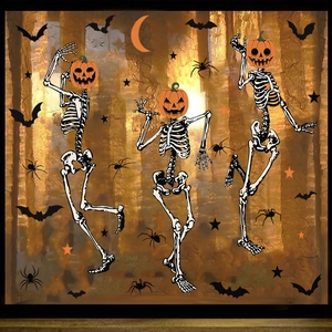 Αυτοκόλλητα Halloween με τρεις σκελετούς με κεφάλι κολοκύθας που χορεύουν και νυχτερίδες σε γυαλί