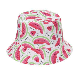 White bucket hat featuring an all-over watermelon print for women in casual cotton