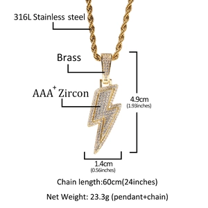 Hip hop lighting bolt pendant necklace with AAA+ cubic zirconia and 316L stainless steel chain