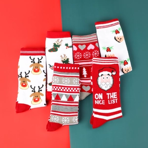 Set of 6 Christmas cotton mid-tube socks featuring Santa and reindeer holiday patterns