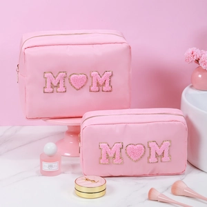 Pink chenille MOM patch embroidery cosmetic bags set in small and large sizes