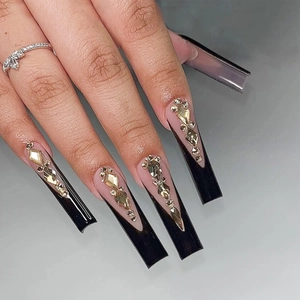 Extra Long Square Press On Nails Black French Tip Rhinestone Encrusted Fashion False Finger Nails For Women