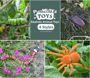 Detailed close-up showing four different interactive robotic insect toys in outdoor garden