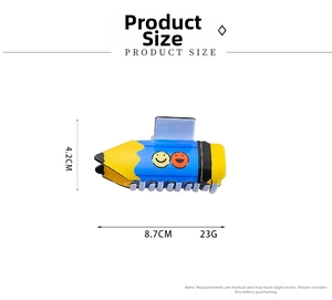 Blue and yellow pencil-shaped hair claw clip with smiley face and size measurement
