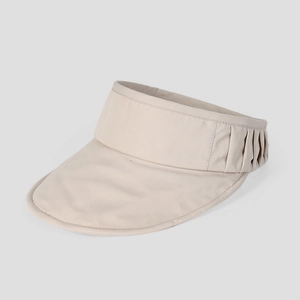 Detail view of foldable beige sun visor hat with wide brim and elastic back band