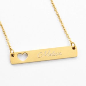 Custom gold stainless steel bar necklace with hollow heart and Melissa engraving