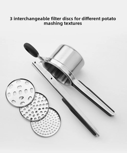 Manual stainless steel potato ricer with three interchangeable discs for varied textures