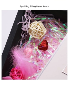 Iridescent laser shredded paper filler with decorative feathers and rattan balls for gift boxes