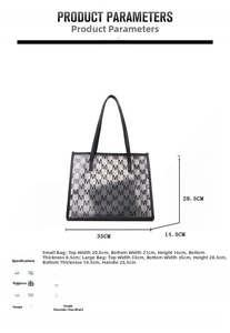 Detailed size chart for large monogram tote bag and matching inner pouch set