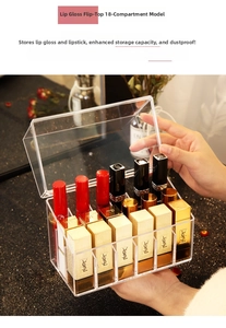 Detail of hand opening an 18-compartment clear acrylic dust-proof lipstick organizer box