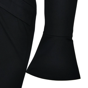 Detail view of stylish black dress featuring bell sleeve design and soft fabric texture