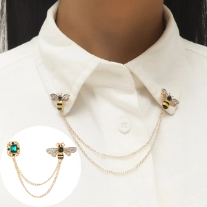 Vintage Alloy Bee Cicada Chain Brooch For Women Gold Silver Rhinestone Animal Insect Collar Pin Suit Accessories Jewelry Gift