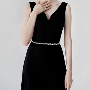Elegant V-neck black sleeveless evening dress with a sparkling silver rhinestone belt