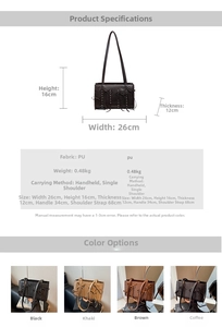 Size chart for women's bow tie shoulder bag with PU leather material and dimensions