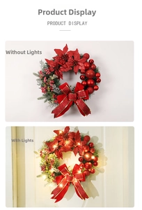 Detail of red Christmas wreath showing versions with and without warm LED lights