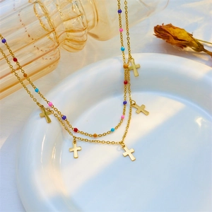 Double-layered golden titanium steel cross pendant necklace with colorful mixed beads