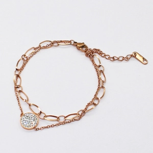 Double-layer rose gold stainless steel bracelet with zircon round charm and lobster clasp
