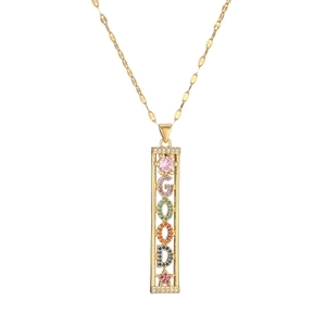 Gold plated geometric MOM necklace featuring colorful cubic zirconia and a GOOD pendant