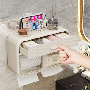 Wall-mounted waterproof toilet paper holder with storage shelf in creamy white plastic