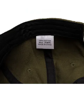 Detail of 100% cotton vintage baseball cap inner lining with size tag and sewing